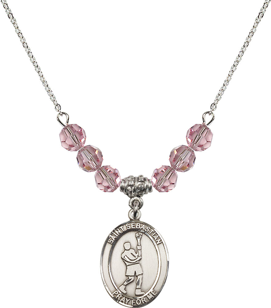 Sterling Silver Saint Sebastian/Lacrosse Birthstone Necklace with Light Rose Beads - 8174