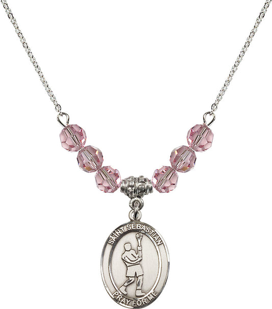 Sterling Silver Saint Sebastian/Lacrosse Birthstone Necklace with Light Rose Beads - 8174