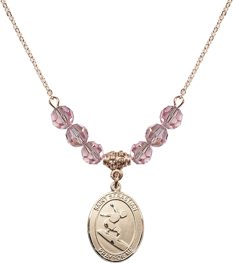 14kt Gold Filled Saint Sebastian/Surfing Birthstone Necklace with Light Rose Beads - 8175