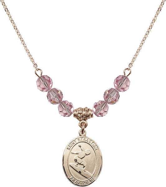 14kt Gold Filled Saint Sebastian/Surfing Birthstone Necklace with Light Rose Beads - 8175