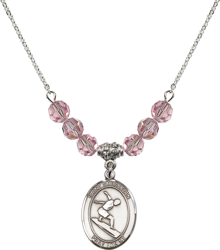 Sterling Silver Saint Sebastian/Surfing Birthstone Necklace with Light Rose Beads - 8175