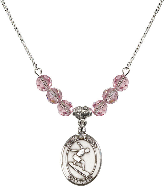 Sterling Silver Saint Sebastian/Surfing Birthstone Necklace with Light Rose Beads - 8175