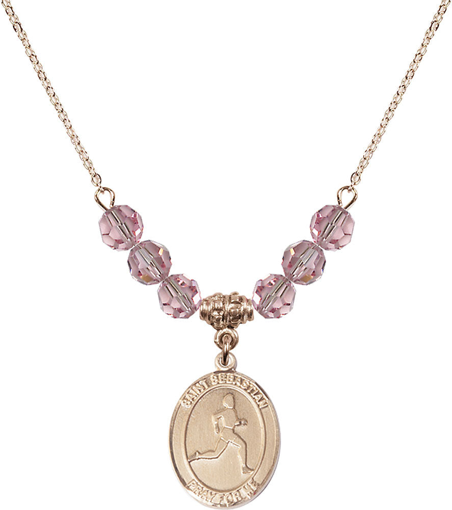 14kt Gold Filled Saint Sebastian/Track & Field Birthstone Necklace with Light Rose Beads - 8176