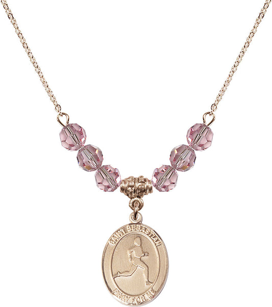 14kt Gold Filled Saint Sebastian/Track & Field Birthstone Necklace with Light Rose Beads - 8176