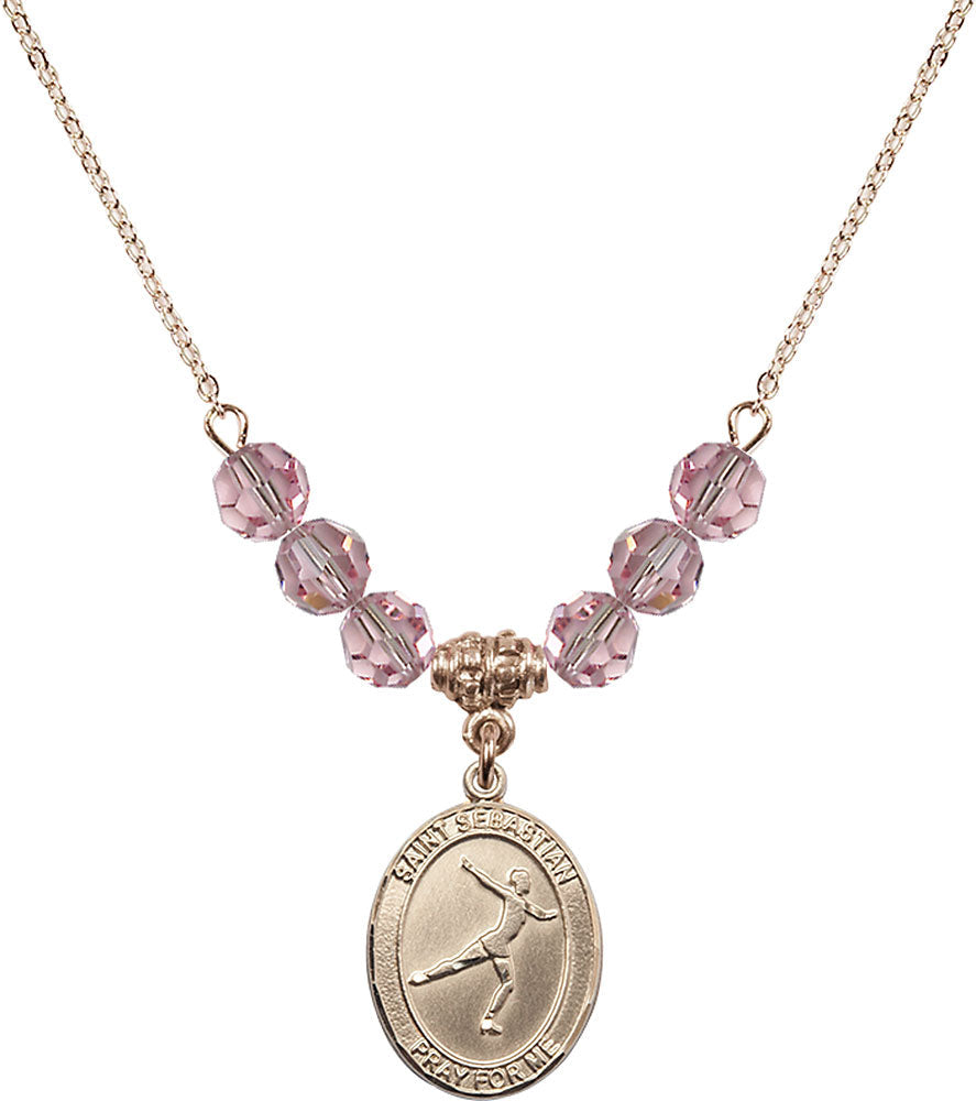 14kt Gold Filled Saint Sebastian/Figure Skating Birthstone Necklace with Light Rose Beads - 8177