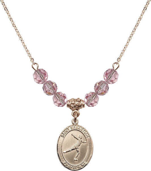 14kt Gold Filled Saint Sebastian/Figure Skating Birthstone Necklace with Light Rose Beads - 8177