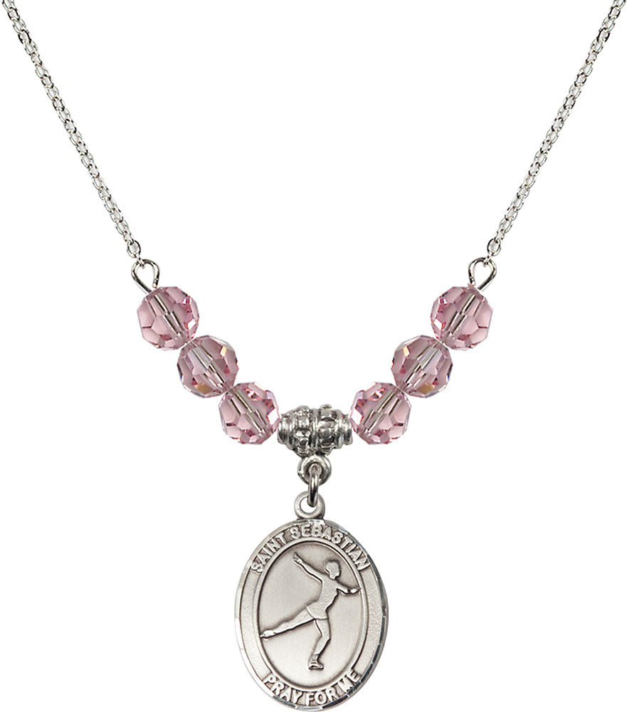 Sterling Silver Saint Sebastian/Figure Skating Birthstone Necklace with Light Rose Beads - 8177