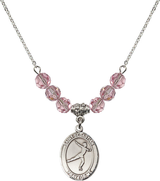 Sterling Silver Saint Sebastian/Figure Skating Birthstone Necklace with Light Rose Beads - 8177