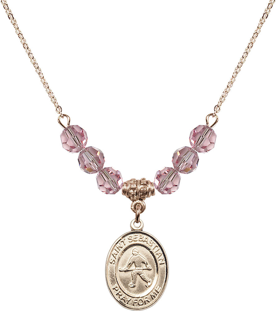 14kt Gold Filled Saint Sebastian/Field Hockey Birthstone Necklace with Light Rose Beads - 8178