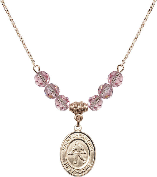 14kt Gold Filled Saint Sebastian/Field Hockey Birthstone Necklace with Light Rose Beads - 8178