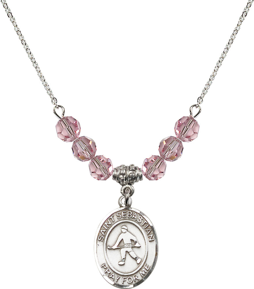 Sterling Silver Saint Sebastian/Field Hockey Birthstone Necklace with Light Rose Beads - 8178