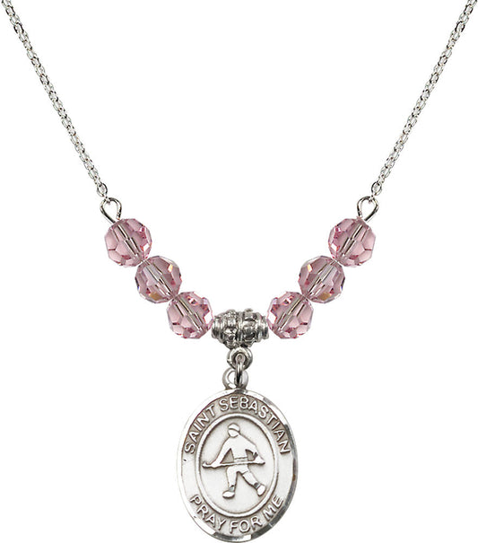 Sterling Silver Saint Sebastian/Field Hockey Birthstone Necklace with Light Rose Beads - 8178