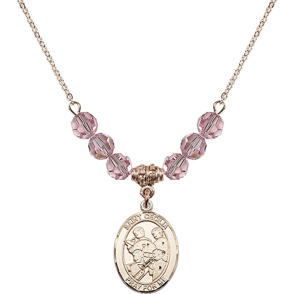 14kt Gold Filled Saint Cecilia / Marching Band Birthstone Necklace with Light Rose Beads - 8179