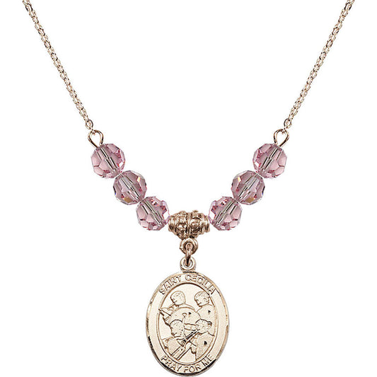 14kt Gold Filled Saint Cecilia / Marching Band Birthstone Necklace with Light Rose Beads - 8179
