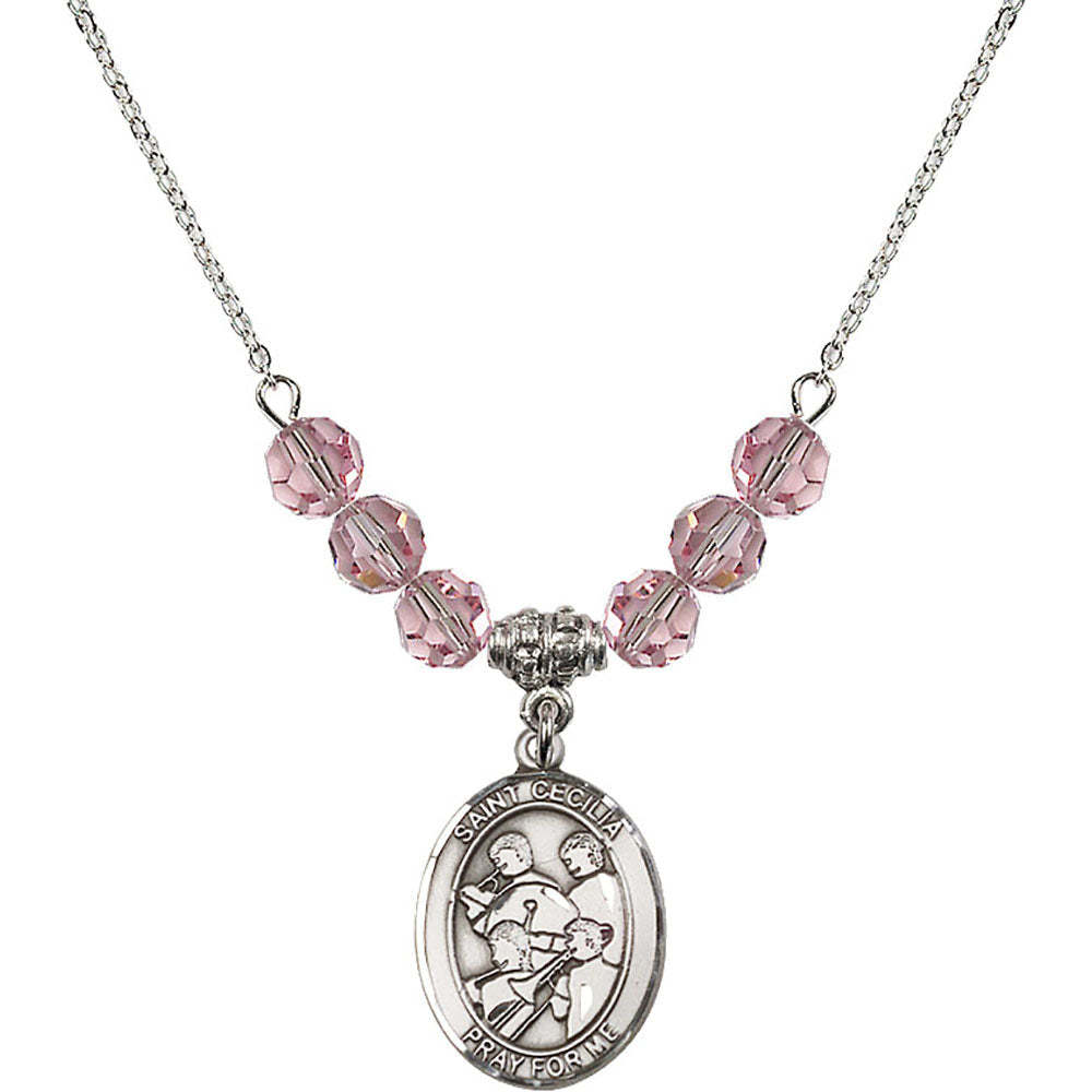 Sterling Silver Saint Cecilia / Marching Band Birthstone Necklace with Light Rose Beads - 8179
