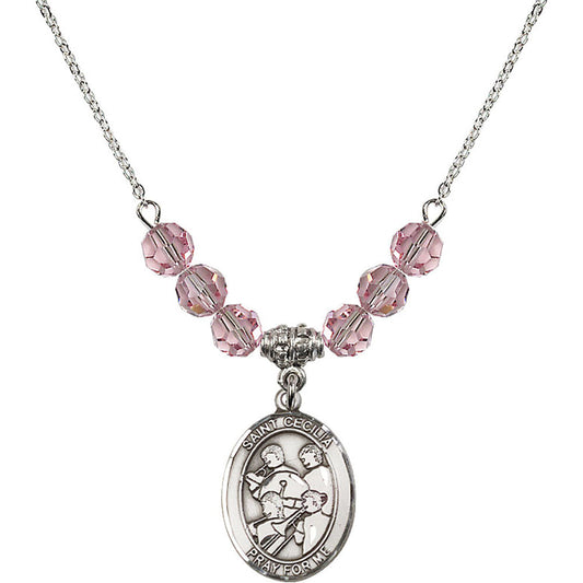 Sterling Silver Saint Cecilia / Marching Band Birthstone Necklace with Light Rose Beads - 8179