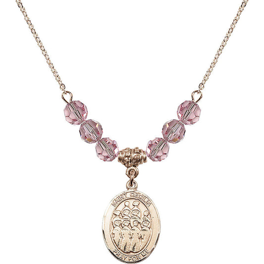 14kt Gold Filled Saint Cecilia / Choir Birthstone Necklace with Light Rose Beads - 8180