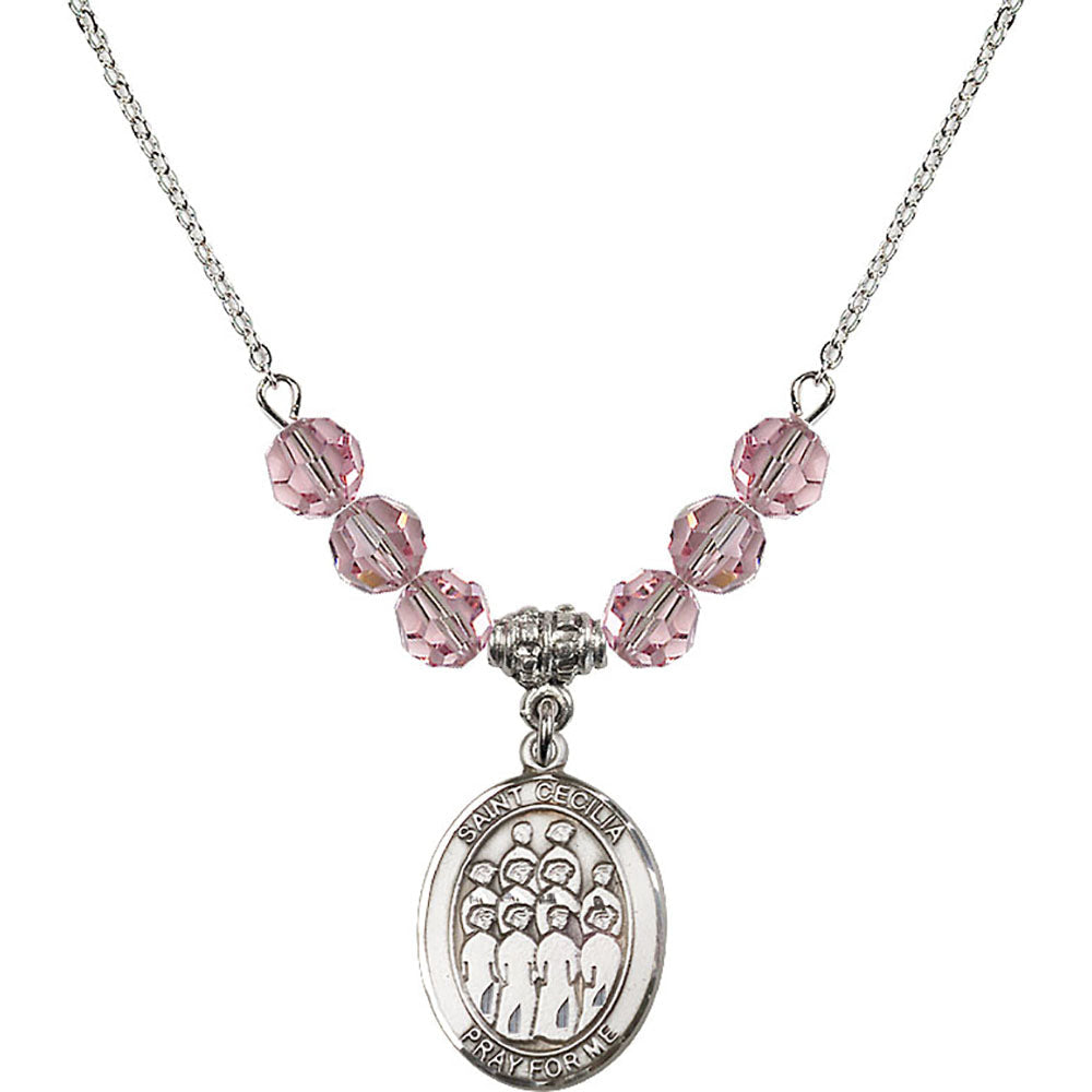 Sterling Silver Saint Cecilia / Choir Birthstone Necklace with Light Rose Beads - 8180