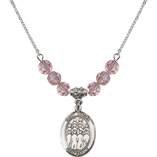 Sterling Silver Saint Cecilia / Choir Birthstone Necklace with Light Rose Beads - 8180