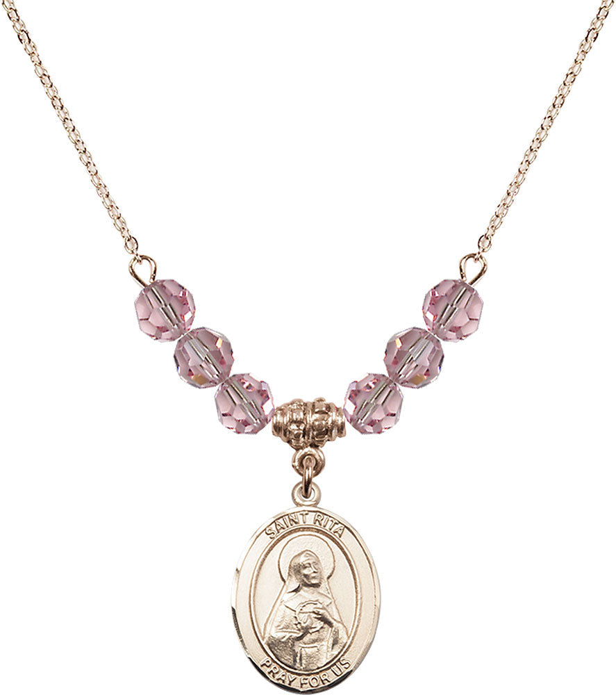14kt Gold Filled Saint Rita / Baseball Birthstone Necklace with Light Rose Beads - 8181