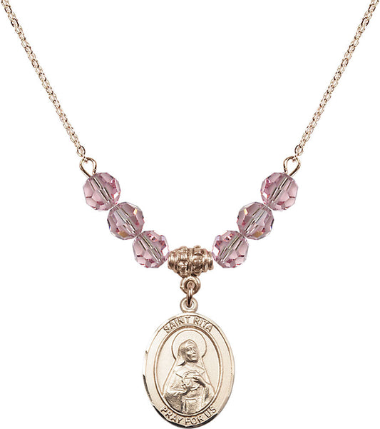14kt Gold Filled Saint Rita / Baseball Birthstone Necklace with Light Rose Beads - 8181