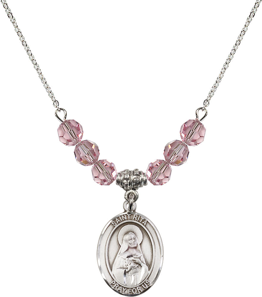 Sterling Silver Saint Rita / Baseball Birthstone Necklace with Light Rose Beads - 8181