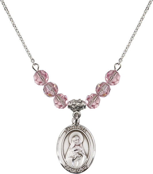 Sterling Silver Saint Rita / Baseball Birthstone Necklace with Light Rose Beads - 8181