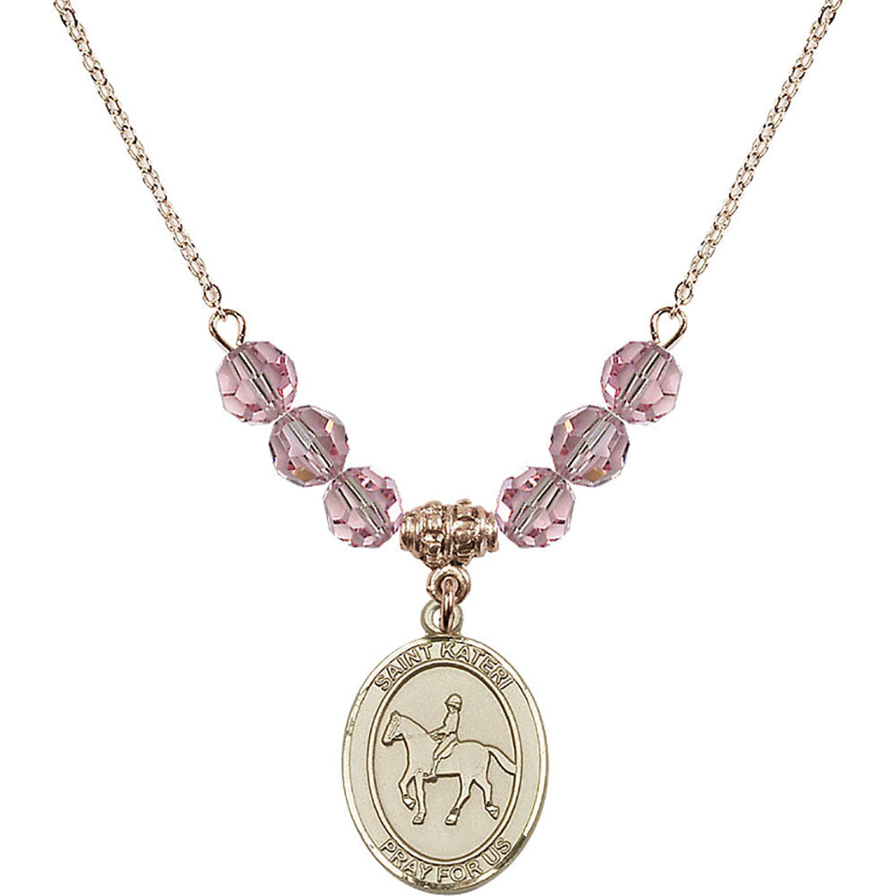 14kt Gold Filled Saint Kateri/Equestrian Birthstone Necklace with Light Rose Beads - 8182