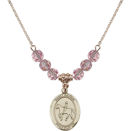 14kt Gold Filled Saint Kateri/Equestrian Birthstone Necklace with Light Rose Beads - 8182