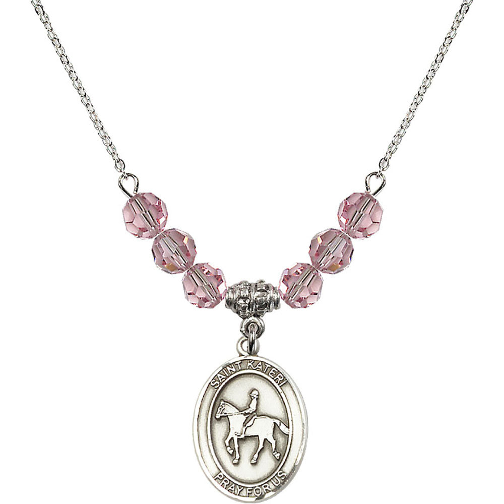 Sterling Silver Saint Kateri/Equestrian Birthstone Necklace with Light Rose Beads - 8182
