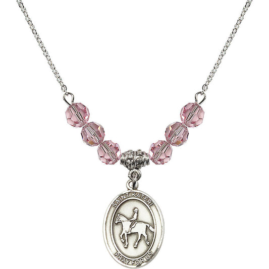 Sterling Silver Saint Kateri/Equestrian Birthstone Necklace with Light Rose Beads - 8182