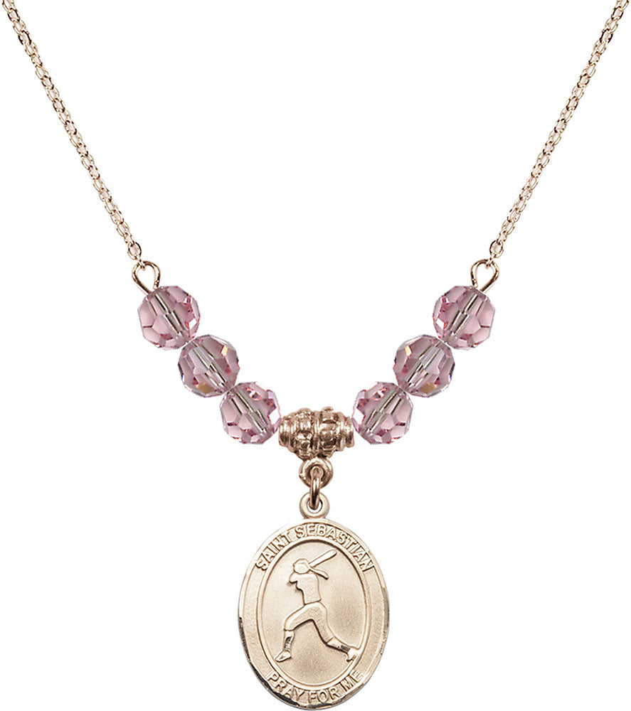 14kt Gold Filled Saint Sebastian / Softball Birthstone Necklace with Light Rose Beads - 8183