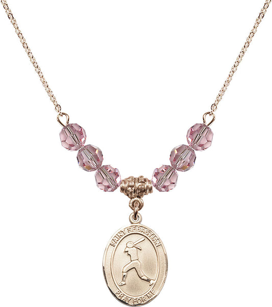 14kt Gold Filled Saint Sebastian / Softball Birthstone Necklace with Light Rose Beads - 8183