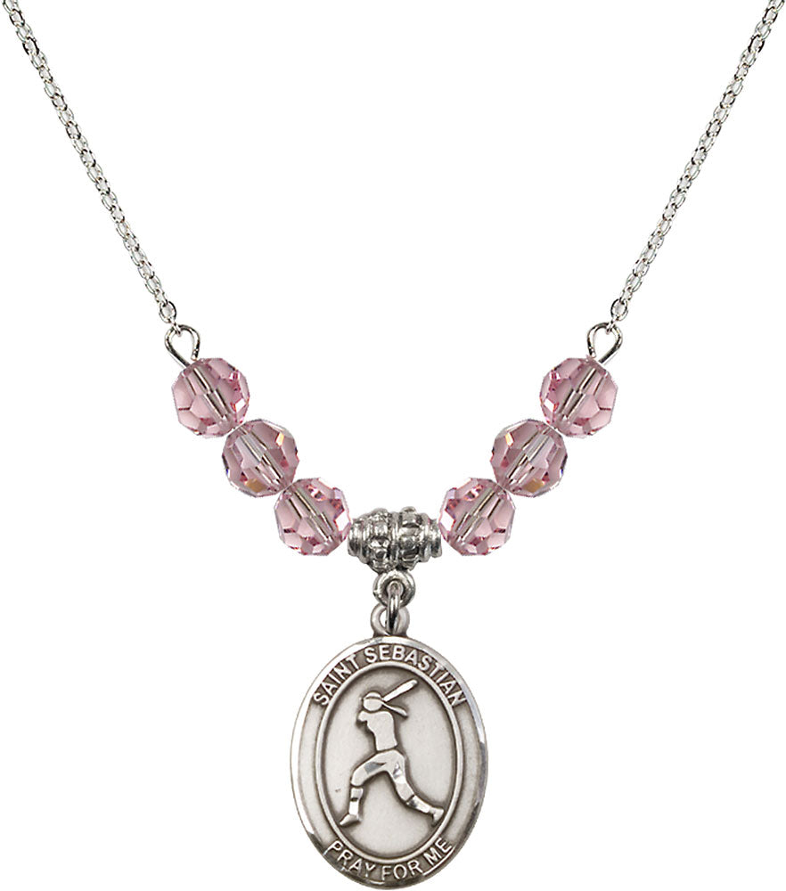 Sterling Silver Saint Sebastian / Softball Birthstone Necklace with Light Rose Beads - 8183