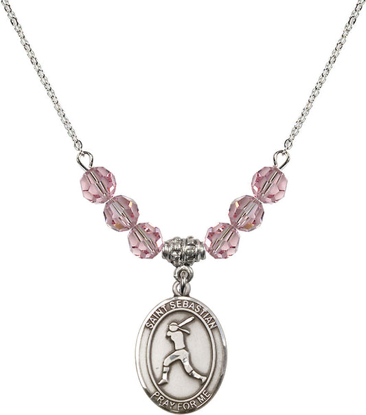 Sterling Silver Saint Sebastian / Softball Birthstone Necklace with Light Rose Beads - 8183