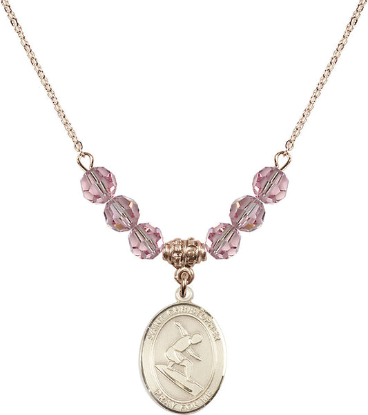14kt Gold Filled Saint Christopher/Surfing Birthstone Necklace with Light Rose Beads - 8184