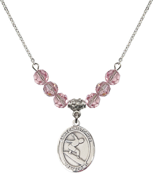 Sterling Silver Saint Christopher/Surfing Birthstone Necklace with Light Rose Beads - 8184