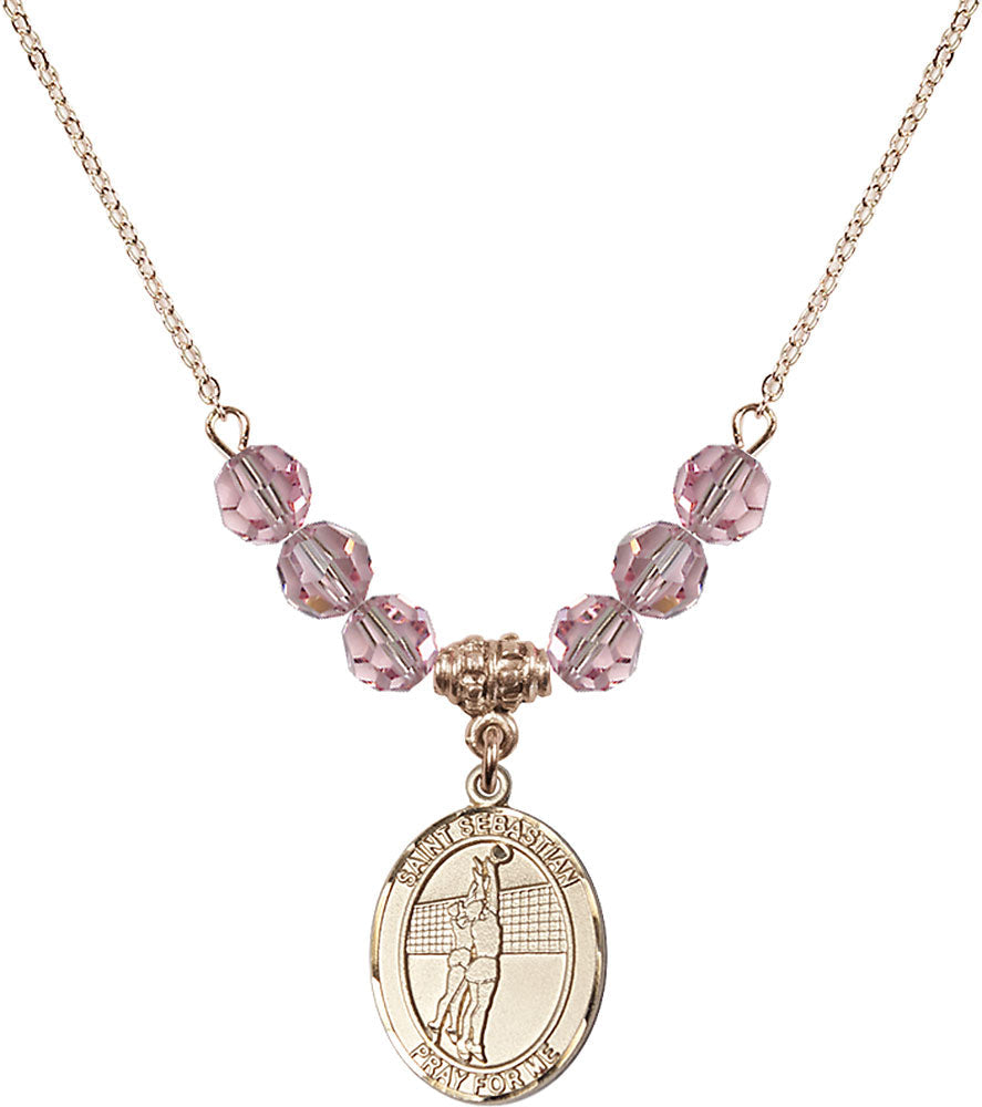 14kt Gold Filled Saint Sebastian / Volleyball Birthstone Necklace with Light Rose Beads - 8186