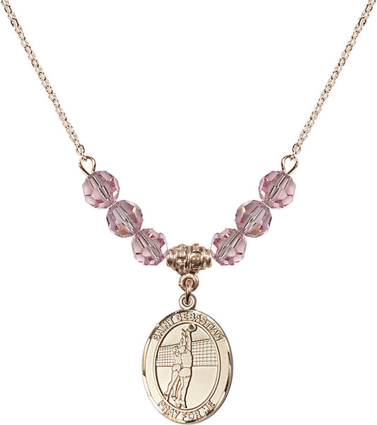 14kt Gold Filled Saint Sebastian / Volleyball Birthstone Necklace with Light Rose Beads - 8186