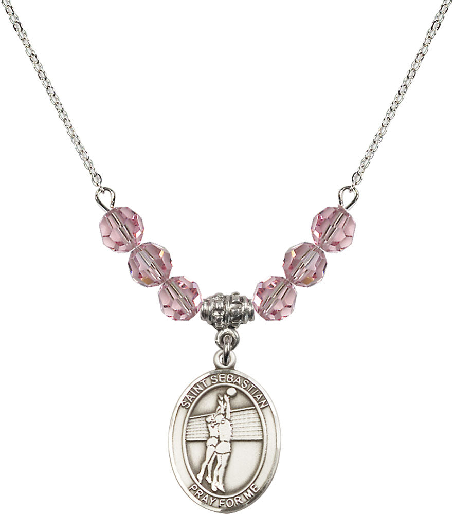 Sterling Silver Saint Sebastian / Volleyball Birthstone Necklace with Light Rose Beads - 8186