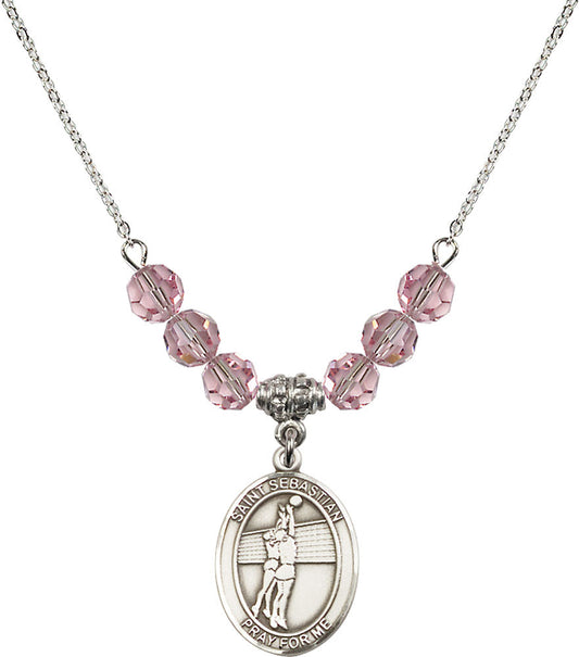 Sterling Silver Saint Sebastian / Volleyball Birthstone Necklace with Light Rose Beads - 8186