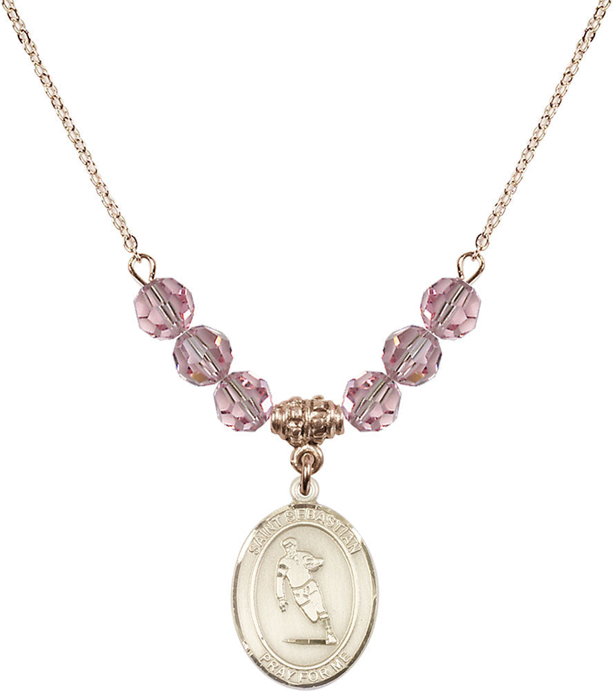 14kt Gold Filled Saint Sebastian / Rugby Birthstone Necklace with Light Rose Beads - 8187