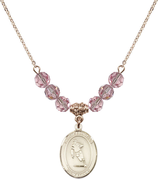 14kt Gold Filled Saint Sebastian / Rugby Birthstone Necklace with Light Rose Beads - 8187
