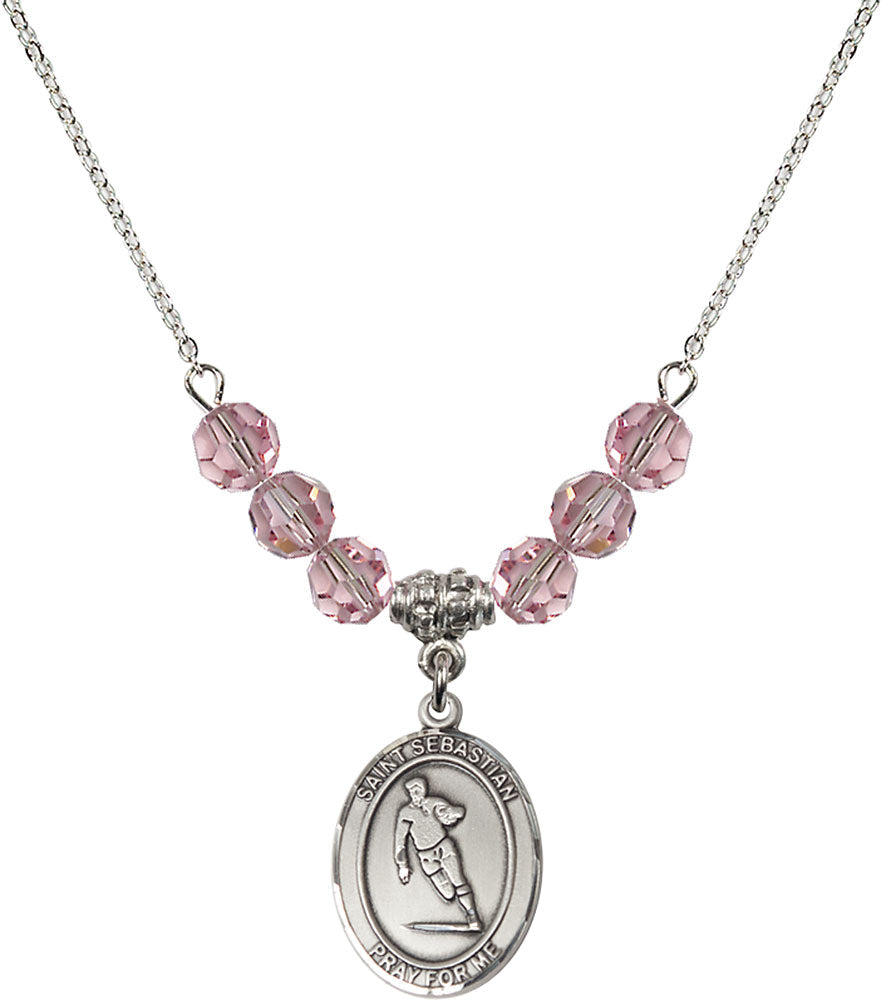 Sterling Silver Saint Sebastian / Rugby Birthstone Necklace with Light Rose Beads - 8187