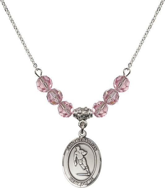 Sterling Silver Saint Sebastian / Rugby Birthstone Necklace with Light Rose Beads - 8187