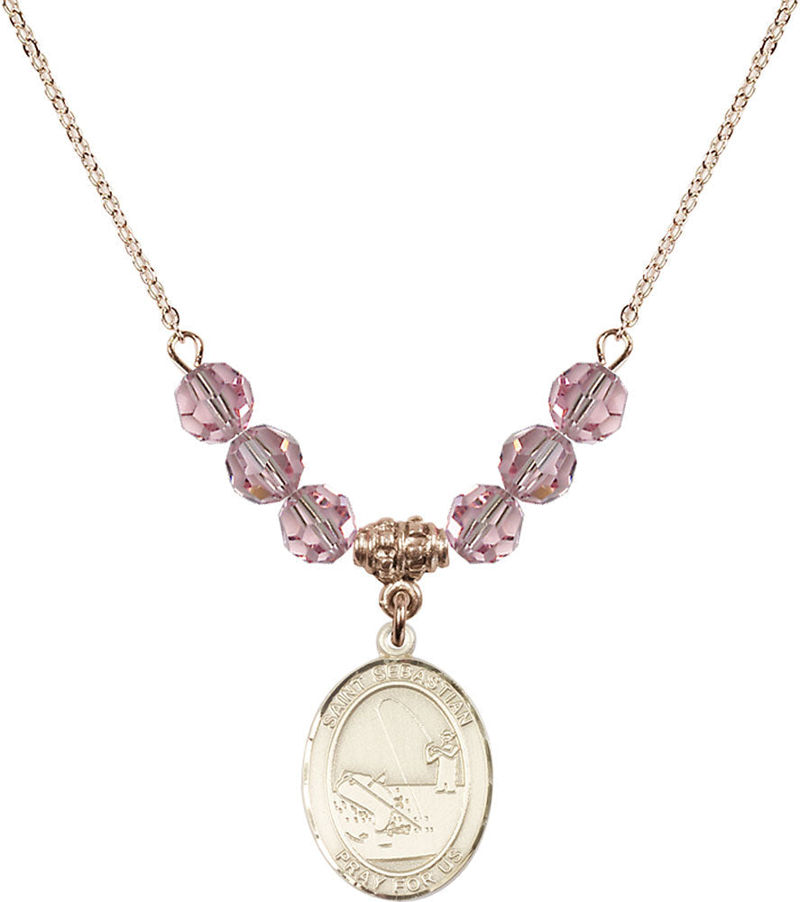 14kt Gold Filled Saint Sebastian / Fishing Birthstone Necklace with Light Rose Beads - 8188