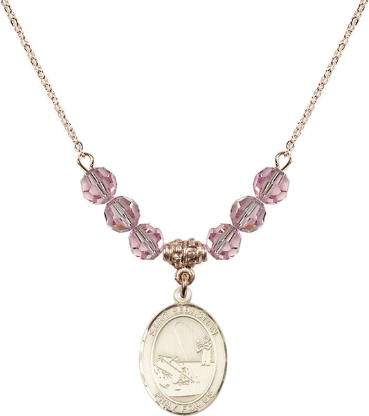 14kt Gold Filled Saint Sebastian / Fishing Birthstone Necklace with Light Rose Beads - 8188