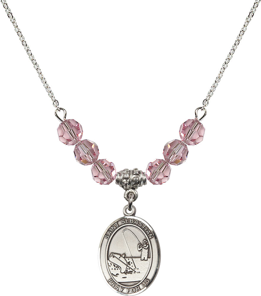 Sterling Silver Saint Sebastian / Fishing Birthstone Necklace with Light Rose Beads - 8188