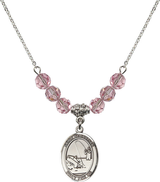 Sterling Silver Saint Sebastian / Fishing Birthstone Necklace with Light Rose Beads - 8188