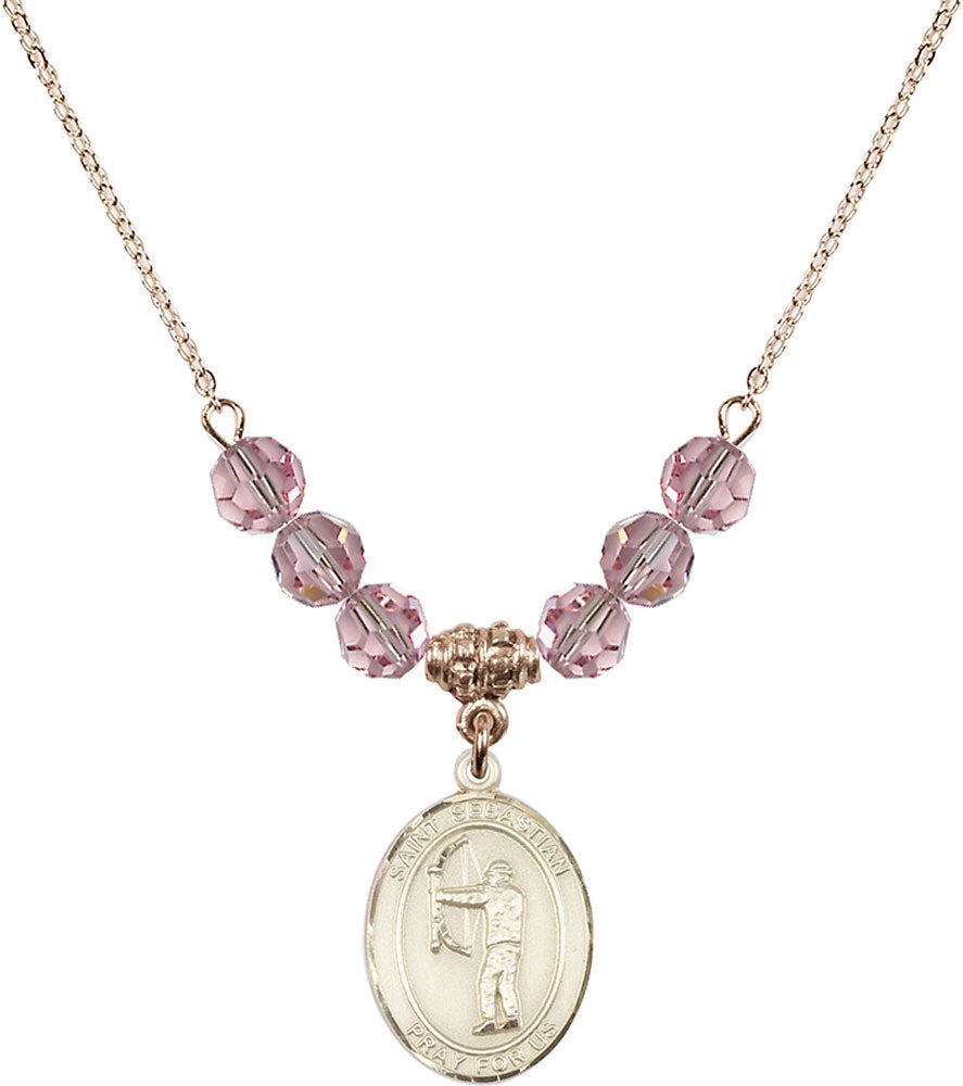 14kt Gold Filled Saint Sebastian / Archery Birthstone Necklace with Light Rose Beads - 8189